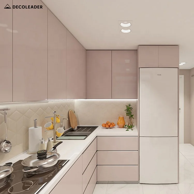Глянцевый розовый кухонный шкаф, современный дизайн без рук