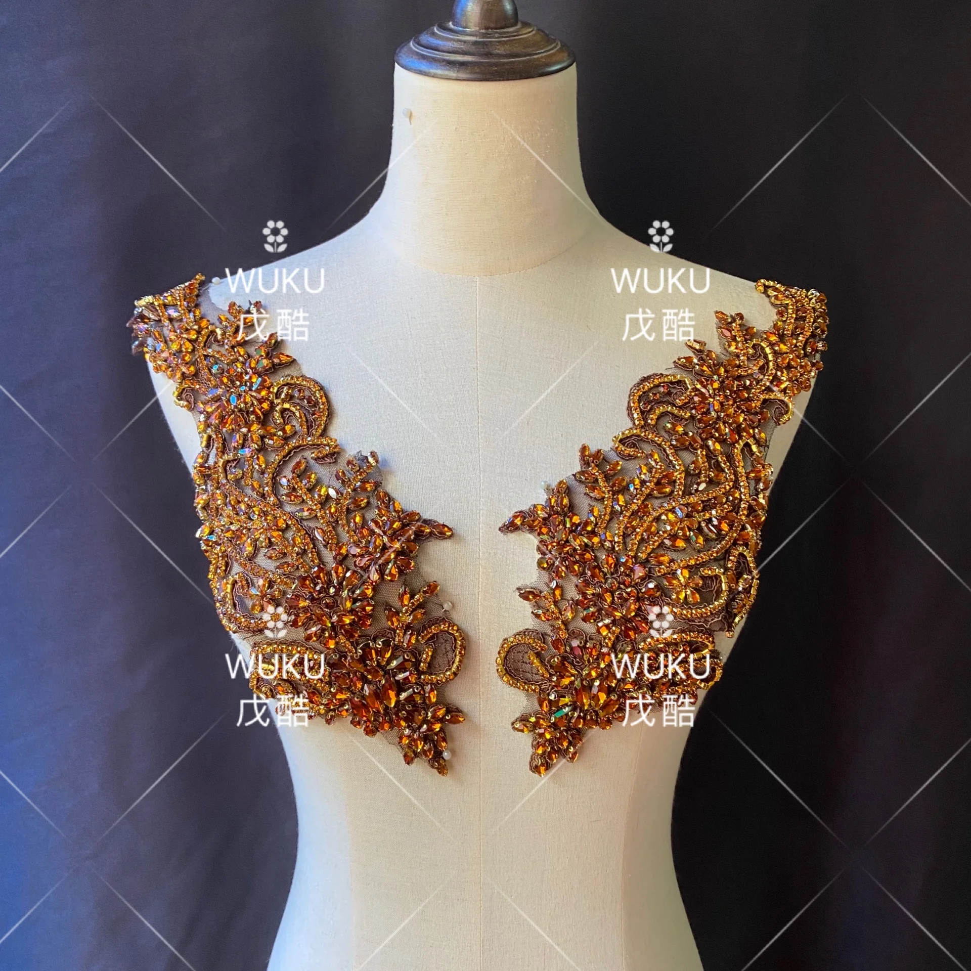 wuku wedding dress lace encrusted bling bling crystal applique patch in coffee brown