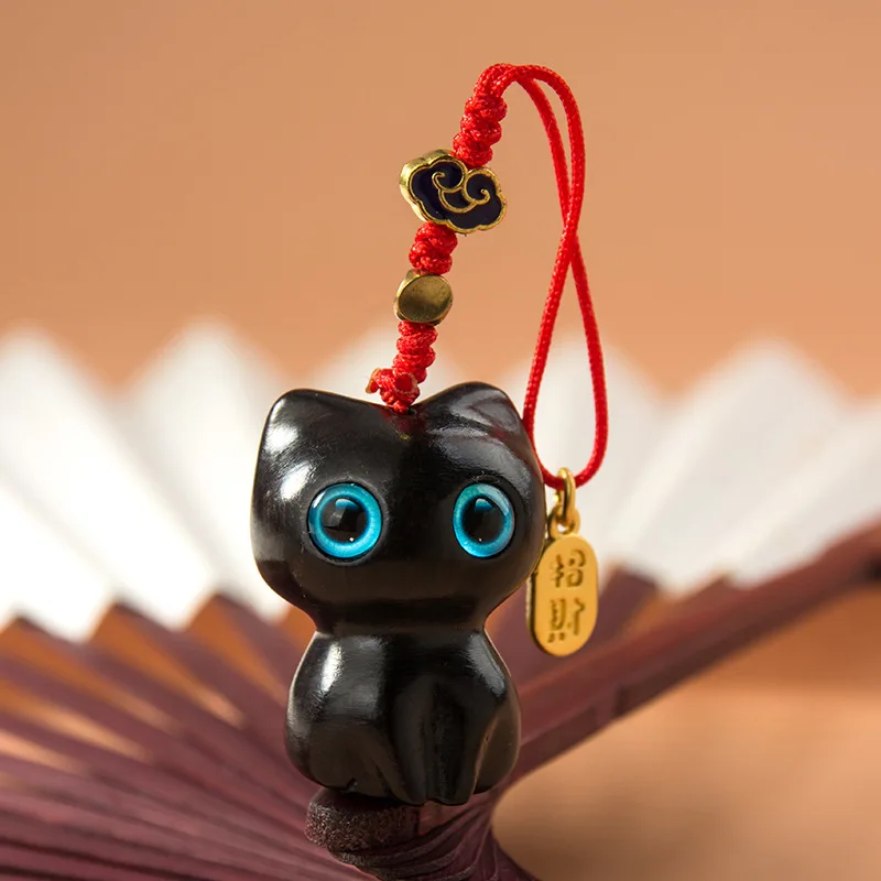 Sandalwood Wooden Cat Keychain Anime Cute Mobile Phone Chain Wooden Pendant Personality Creative Cute Accessories