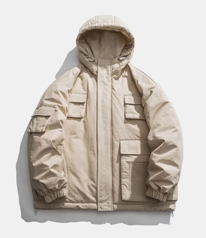 2022 Fashion Vintage Unisex Hooded Solid Oversized Coat Male Winter Korean Bubble Multi Pocket Jackets