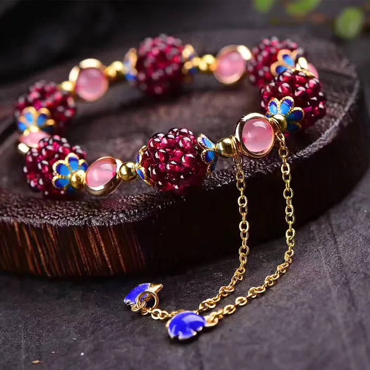 Fashion hot sale women Natural Garnet Flower ball bracelet tassel  Weave Crystal flower ball Bracelets