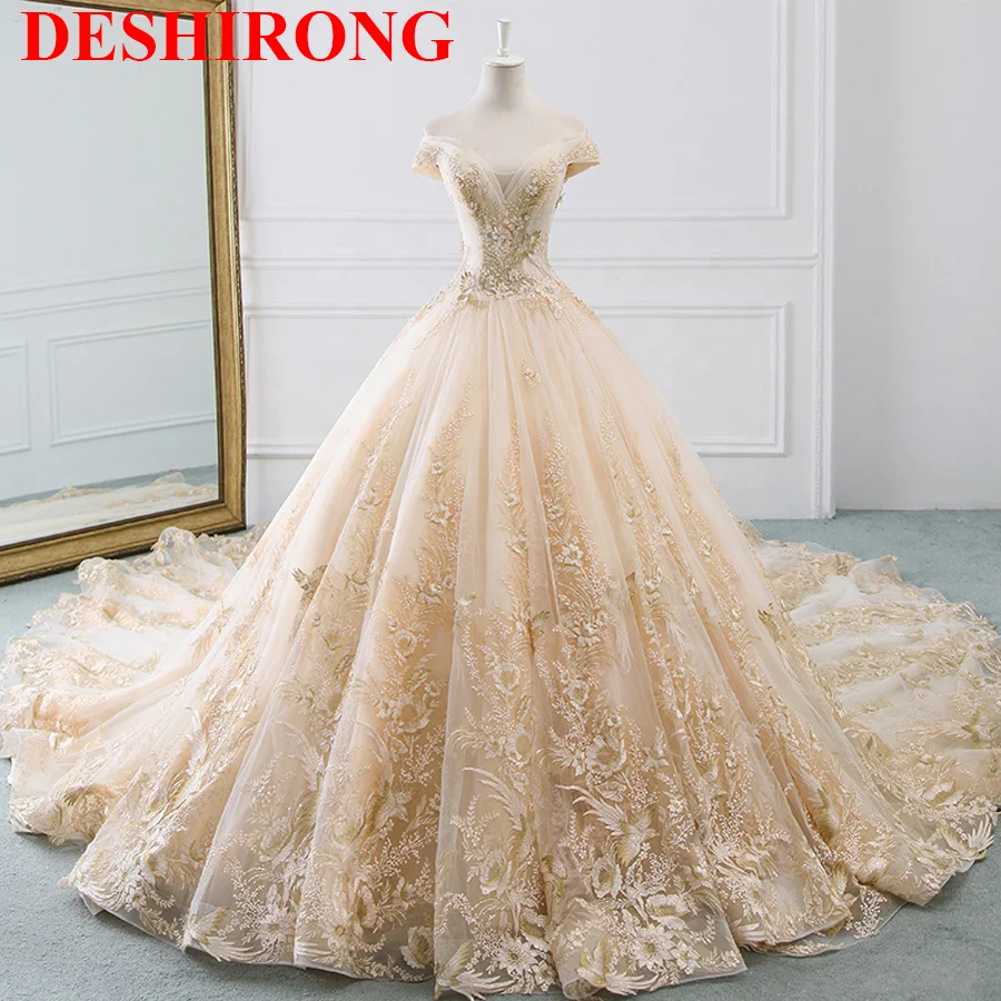 New Bridal Embroidered Extra Long Trailing Beaded Wedding Dress Lace Shoulder Gold Wedding Dress Modern Ball Gown Wedding Dress