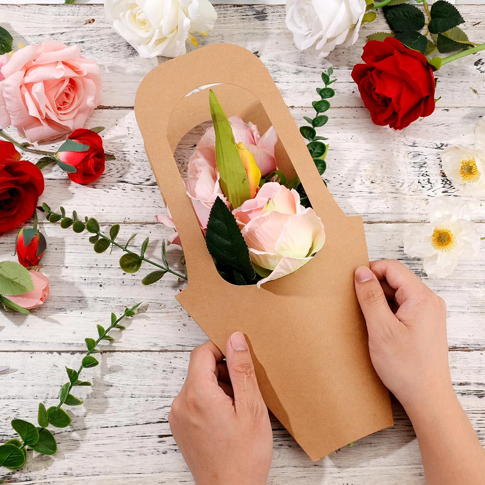Custom Creative Kraft Paper Flower Bags Flowers Wrapping Gift Packaging Bouquet Flower Holder Paper Bag with Handle