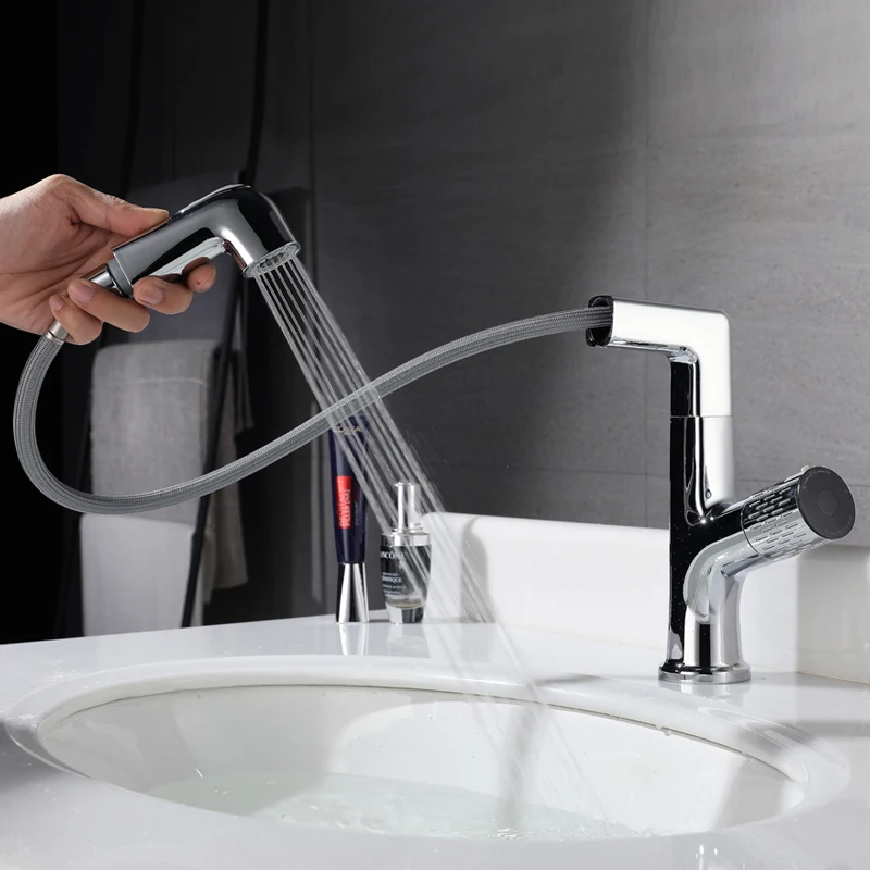 2021 New Style Bathroom Luxury Bright Single Hole Black washbasin Water Tap Brass Sensor Automatic Pull Out Basin Faucet Mixer