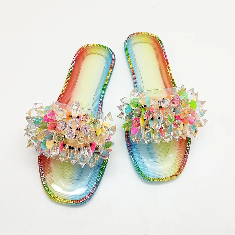 Women Shoes 2024 New Fashion Outdoor Ladies Walking Style Flat Jelly Shoes Gem Slippers For Women