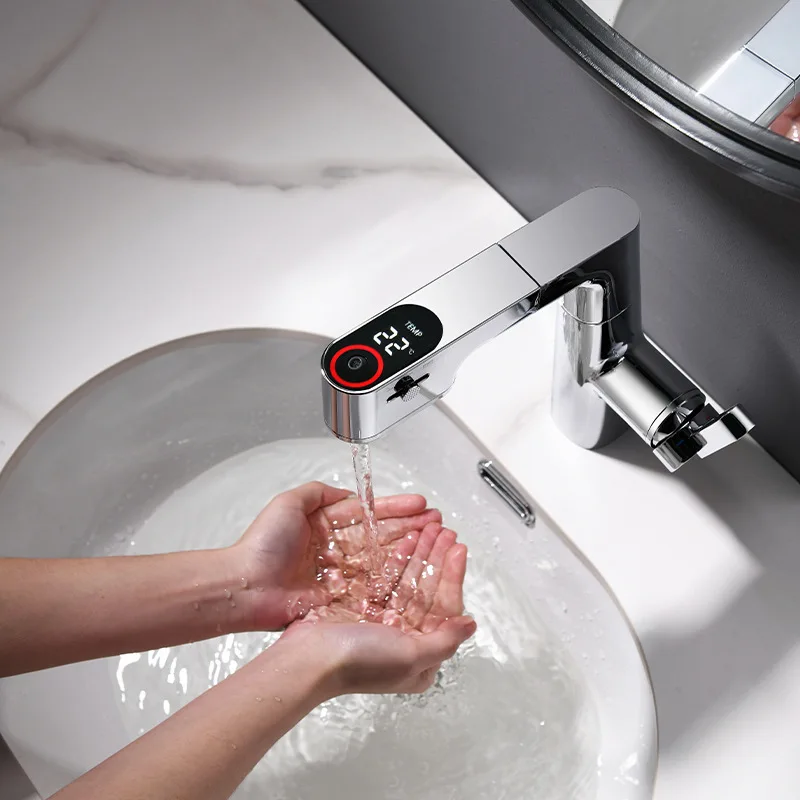 Intelligent Brass Mixer Tap Single Handle Wash Basin Faucet Handle Ht and Cold Water Control Waterfall Basin Faucet