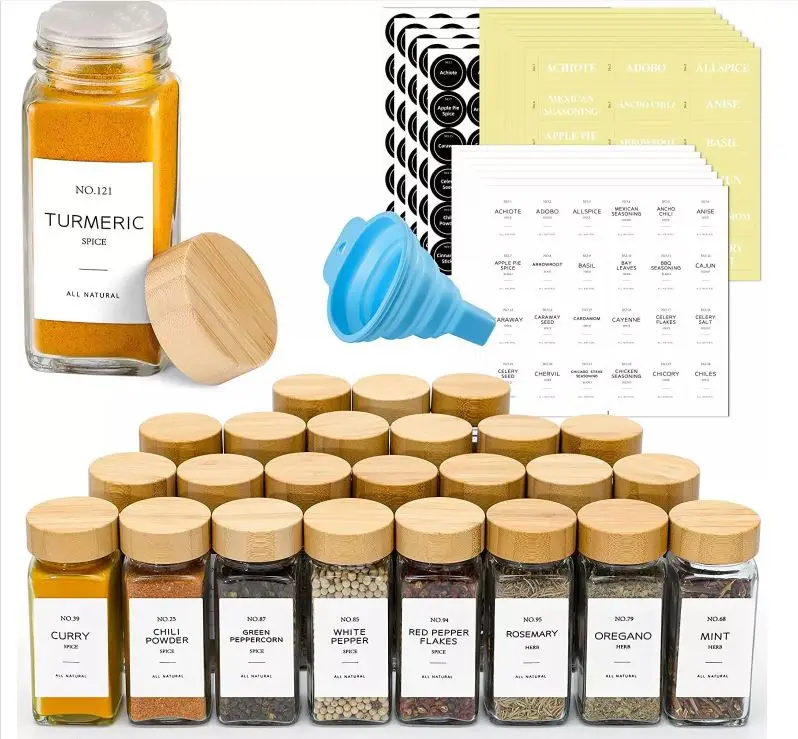Eco-friendly 120ml Customized Package Square Spice Jar With Label Farmhouse 4oz Glass Spice Jar With Bamboo Lid Set