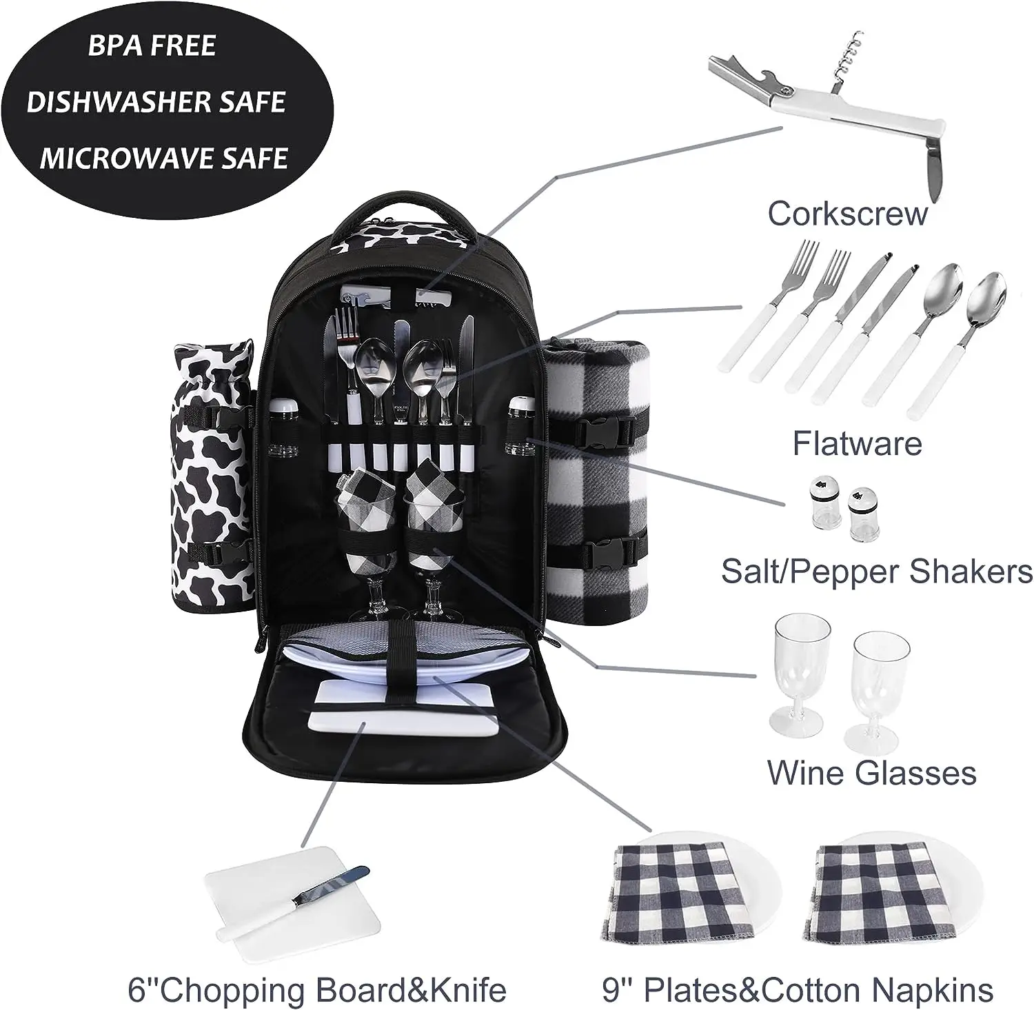 Picnic Backpack Bag for 2 Person with Cooler Compartment Detachable Bottle&Wine Holder Fleece Blanket Plates and Cutlery Bag