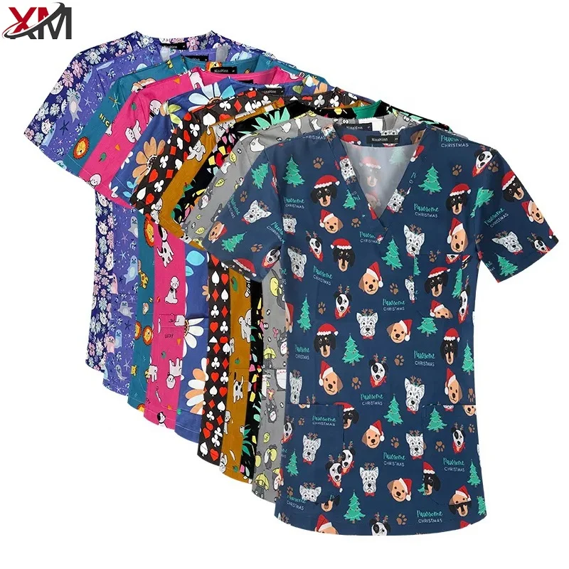 Factory Custom Logo Doctor Floral Animal Medical Printed Nursing Scrub Top Dentist Clinic Workwear Medical Scrubs Uniforms Sets