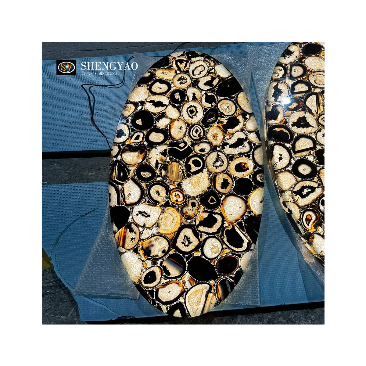 Custom Backlit Furniture Natural Crystal Onyx Black Agate Stone Table Top With Led Light