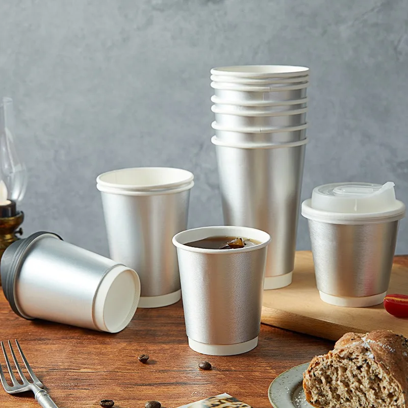 Wholesale Disposable Double Thickened Coffee Cups Silver Aluminium Foil Paper Cups Hot Drinks Takeaway Cups
