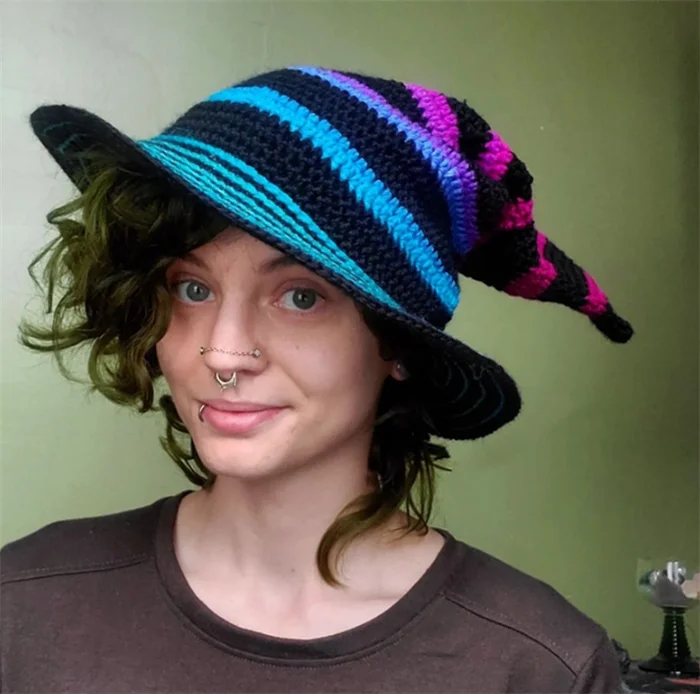 S9768 Cosplay Costume Halloween Witch Hat Knitted Crochet Striped Wizard Party Hats for Women Large Brim Crochet Cap