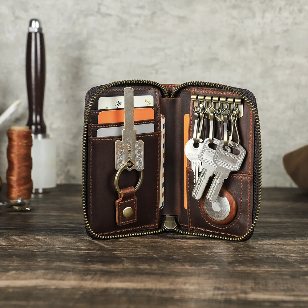 Custom Full Grain Oil Leather Multi-Functional Car Key Holder Wallet With 3 Card Slots And 1 Air tag Slot Mini Key Bag