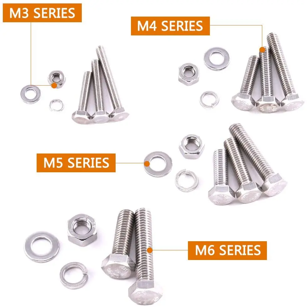
BESTYCHAO 510pcs Stainless Steel Flat Head Bolts Screws, Nuts, Flat and Lock Washers Assortment Kit 
