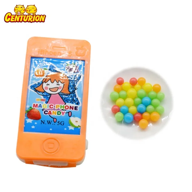 Wholesale mobile phone plastic toys filled colorful round pearl shaped fruity pressed candy sweet toy