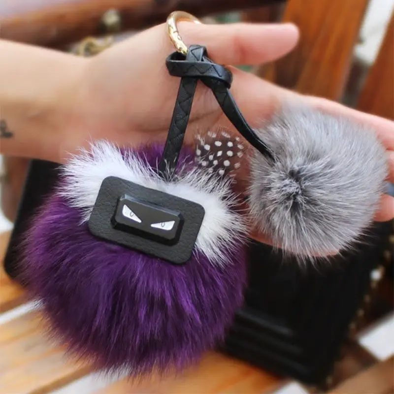 New designer fluffy plush keyring pendant animal bag charm real fox fur puff car key chain pompom Luxury keychain