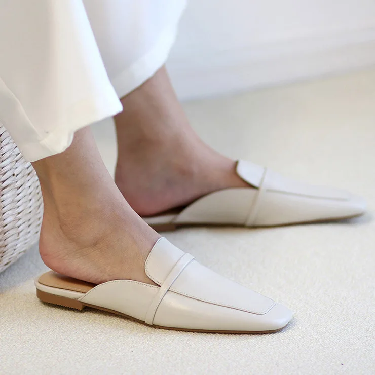 Xinzirain Custom Logo Office Ladies Casual Flat Shoes Luxury Design Point Toe Full Leather Women Flat Mule Shoes