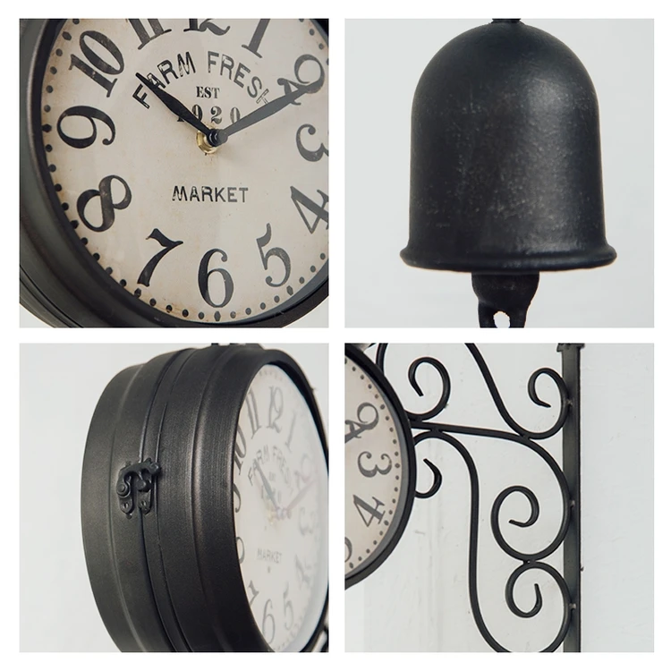 Garden Double Clock with Bell Outside Decoration Retro Style Double Sided Wall Clock