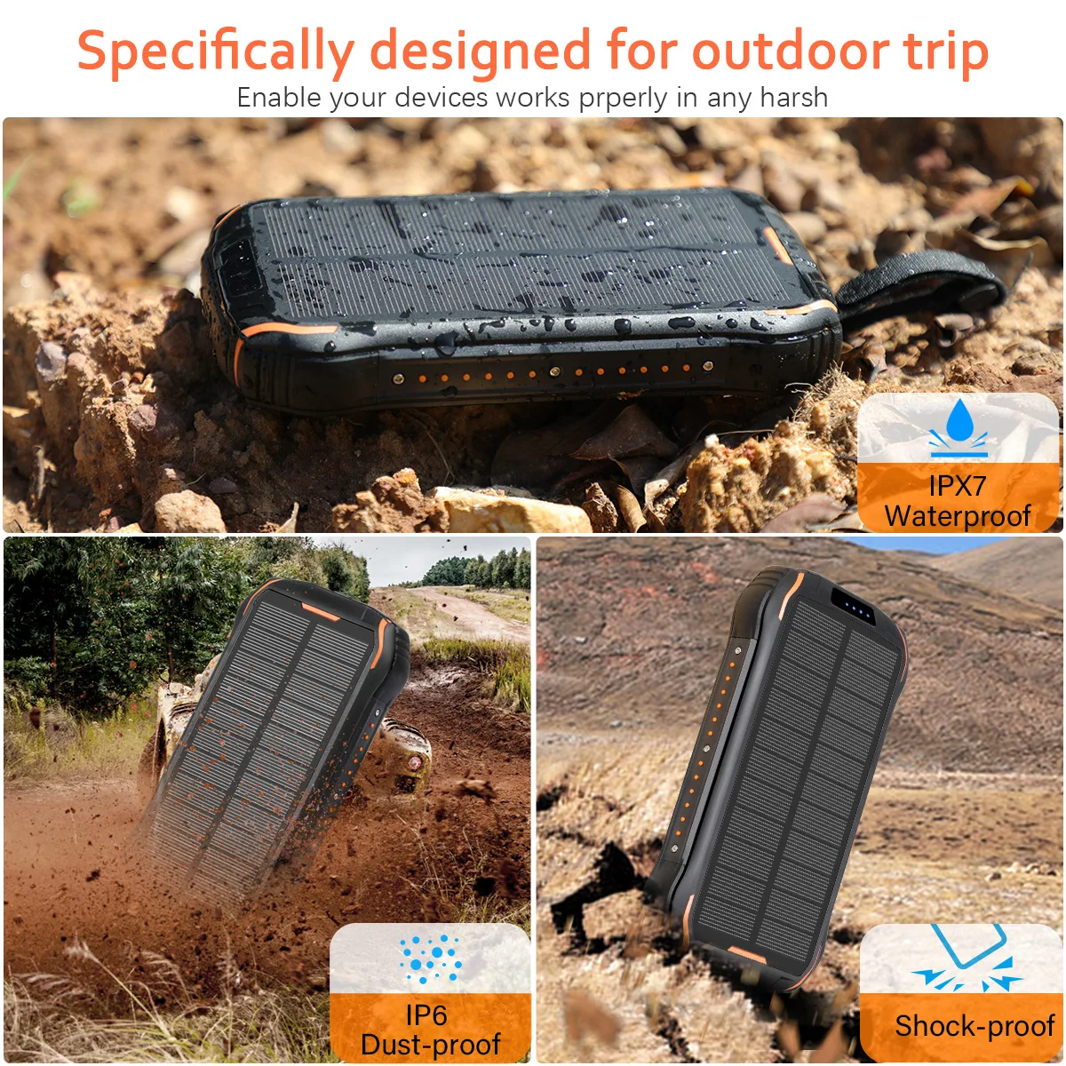 hot sale IP66 waterproof Solar panel waterproof 26800mAh solar charger power bank