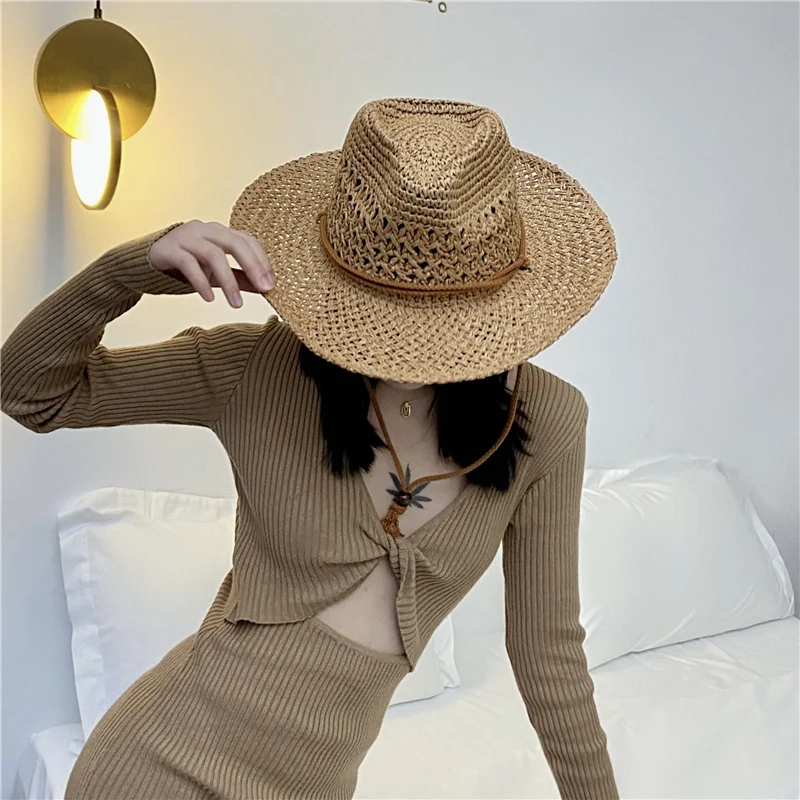 Summer Cowboy Sun Hats For Woman Man Beach Straw Hat For Men UV Protection Cap Chapeau Femme Paper Cowboy Hat