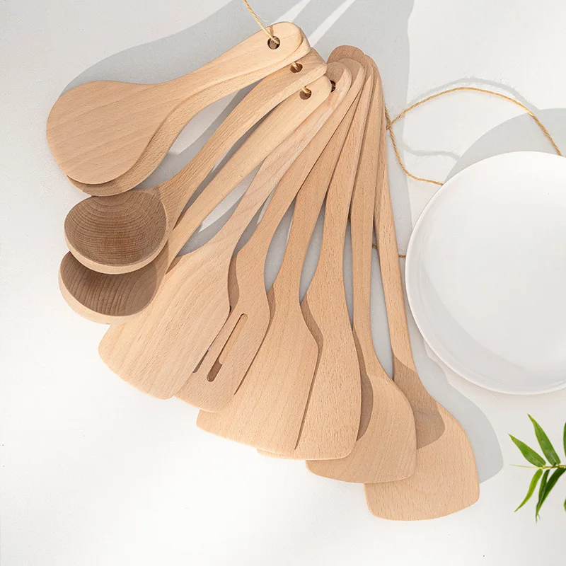 Beech Unpainted And Unwaxed Kitchen Cooking Wood Spatula Scoop Set Long Handle Cooking Spoon Kitchen Wood Shovels