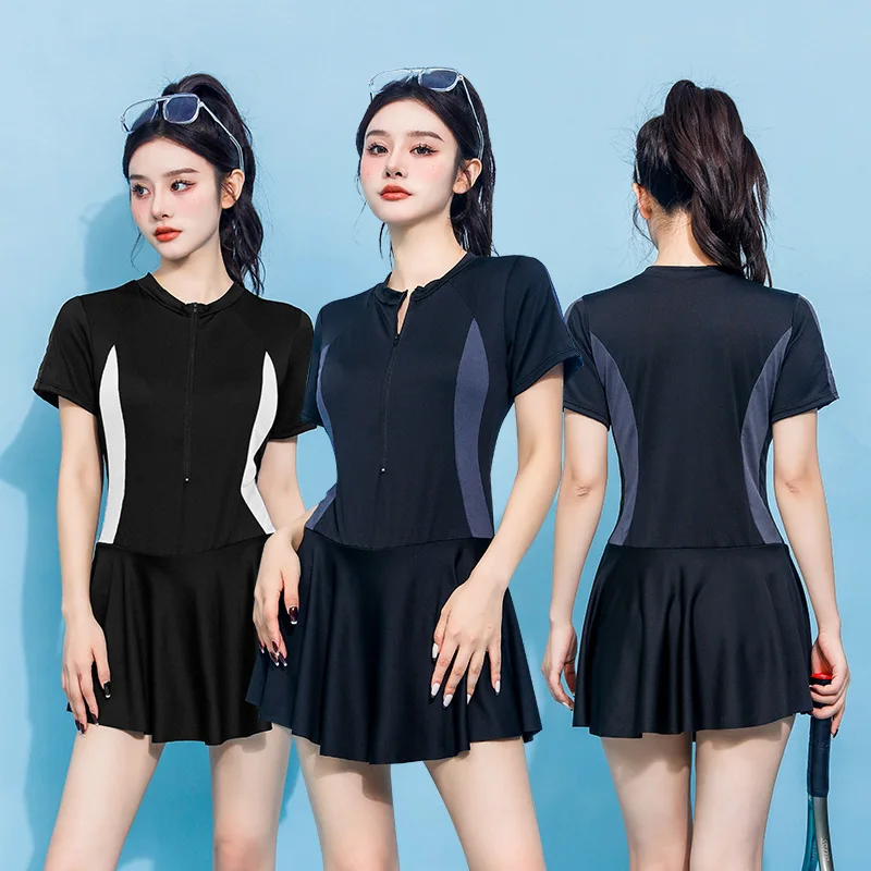 Fashion explosion swimsuit front zipper sports one-piece swimsuit conservative belly cover slimming fitness swimsuit