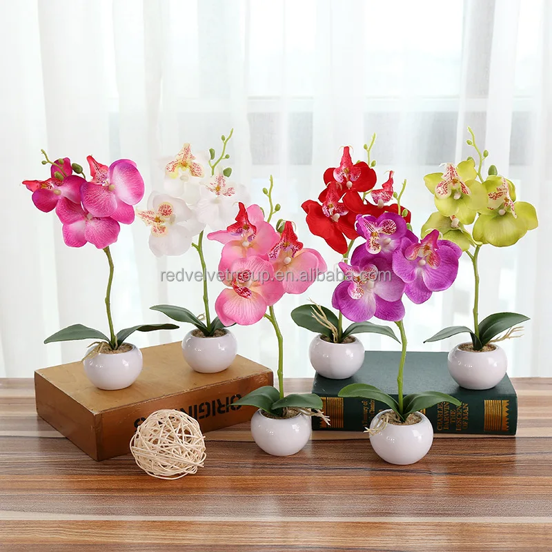 Flores Table Decor Butterfly Orchids Stem Flowers And Leaves In White Mini Vase Decor Purple Orchid Flower Artificial with Pot