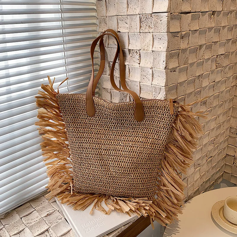 buy cheap ladies girls designer  french style eco-friendly large big size custom logo fringe raffia straw tote bag