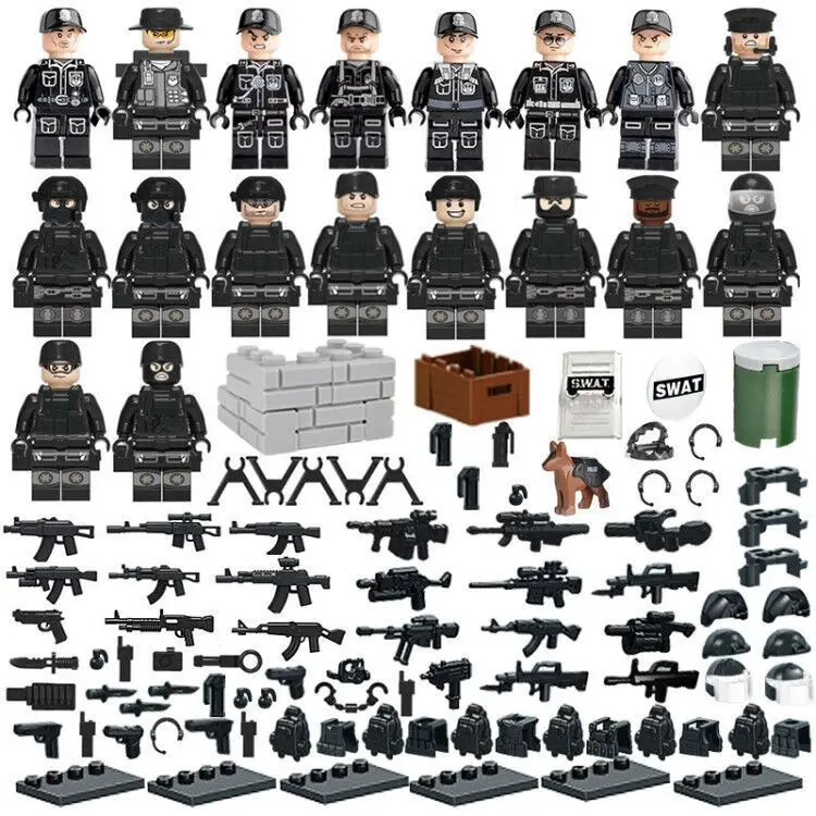 Military Police series 18 black Special police with weapons building block doll doll set with base