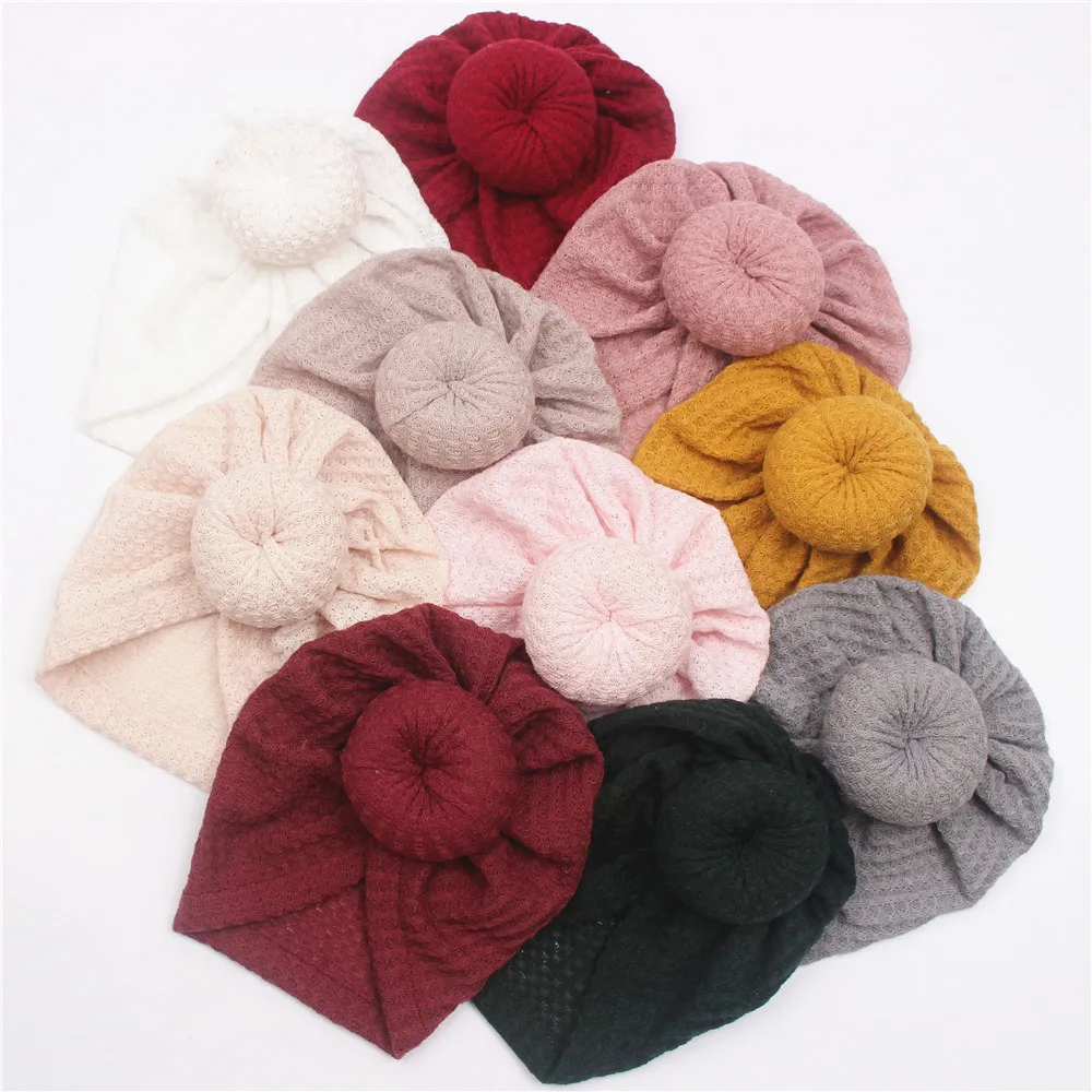 Cute Baby Wraps Knitted Turban Solid Color 100% Cotton Waffle Donut Headband Hat for Toddler Baby Girl