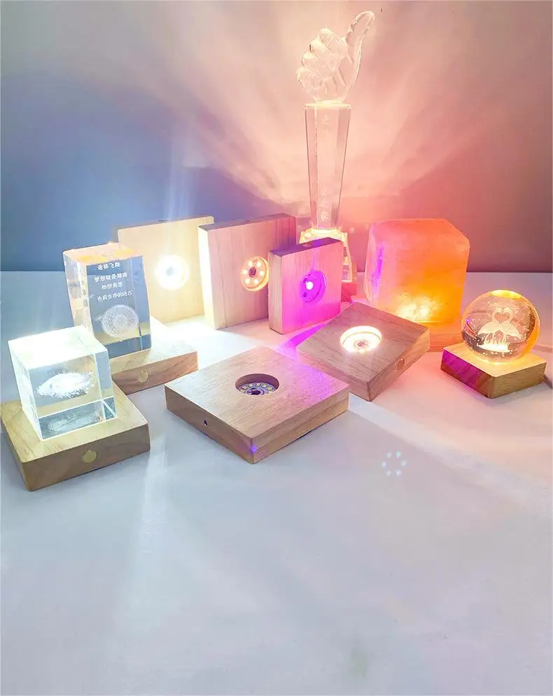 USB Handmade Wood Rectangle Round Oval Shape LED Display Base Resin Art Ornament Wooden Night Lighted Base Stand Crafts