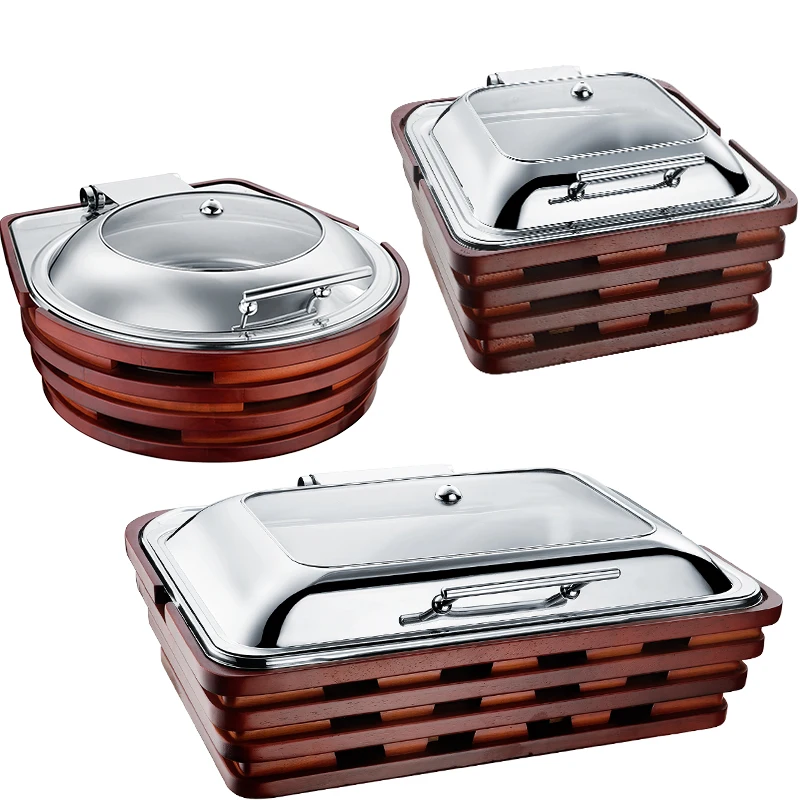 9L Stainless Steel Wooden Round Roll Top Chafing Dish Buffet Set Luxury  Factory Sale Directly