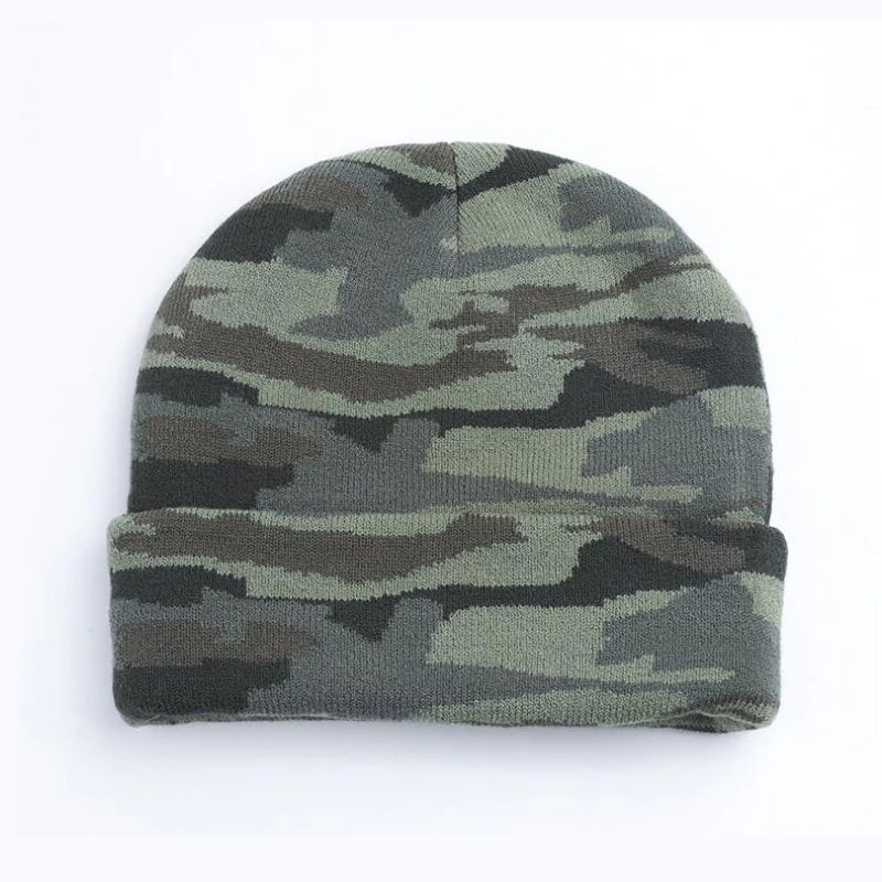 Custom Camo Jacquard Knitted Beanie Hat for Winter Printed Skull Pattern Designer Logo Autumn & Beach Appropriate