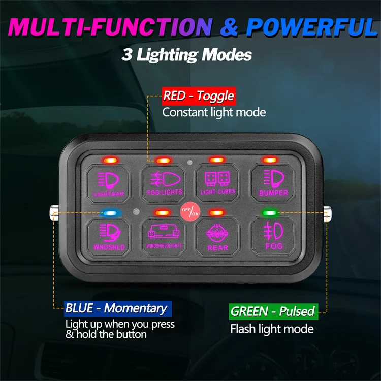 RGB Backlit On Off Led Switch Programmable 8 Gang Switch Panel Waterproof