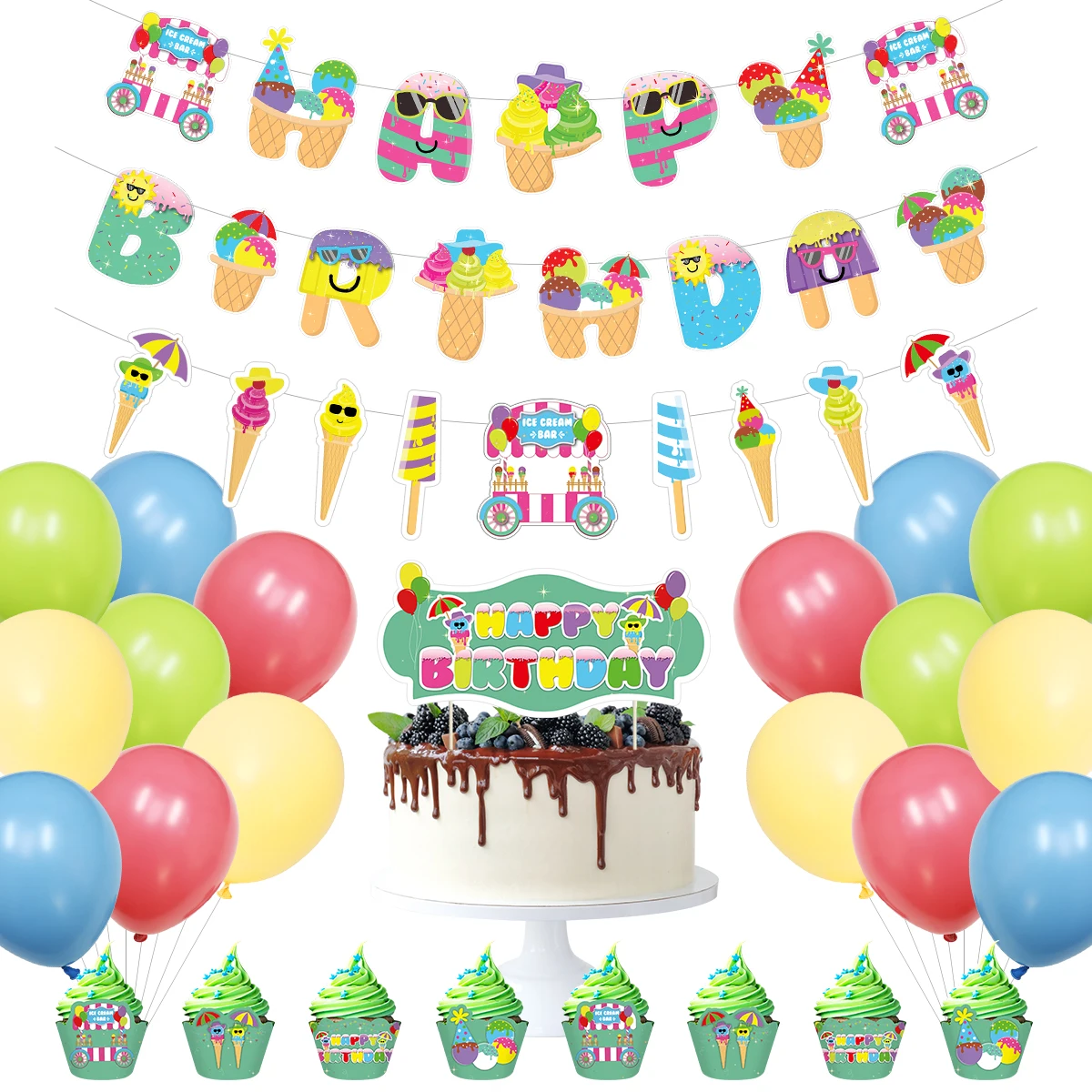 Umiss Paper Ice cream decorations, Happy birthday banner, Cupcake toppers, Customized balloon for Kid Party Baby shower supplies
