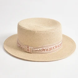 custom Beige wide brim Casual Beach gold wire Hat summer beach Breathable boater straw hats with vintage pattern ribbon