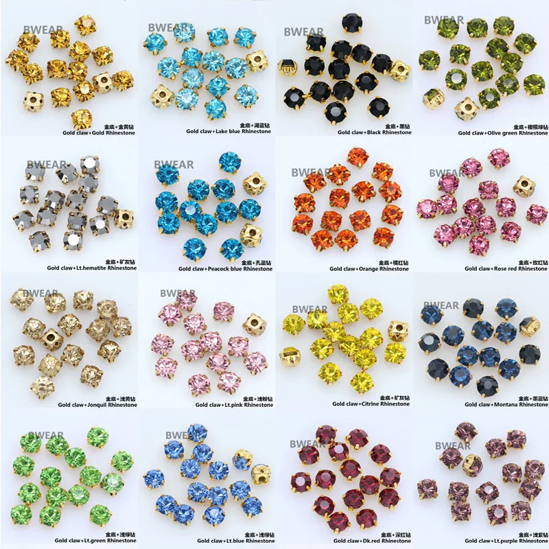 BWEAR Round Colorful Glass Chaton in Gold Prong Sew On Strass Beads Crystals Rhinestones With plated Flatback Claw For Clothing
