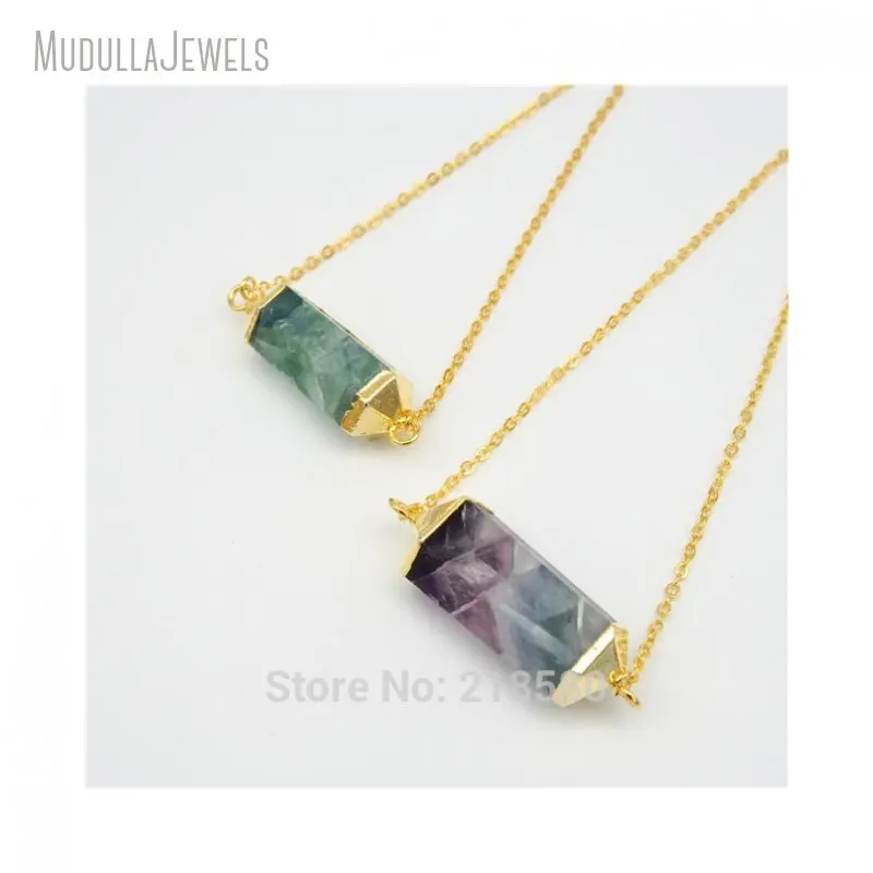 NM20705 Rainbow Fluorite Point Necklace Double Bail Hexagonal Prisms Connector Pendant Gold Plated Crystal Necklace