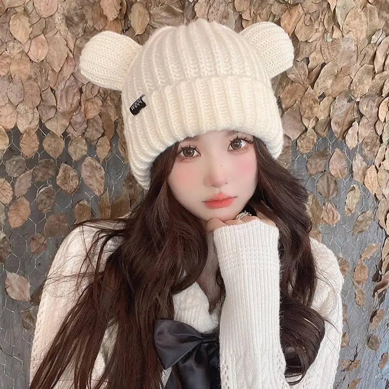 Wholesale Unisex PIG EARS Winter Hat Cap Custom Logo Acrylic Knitted Cuffed Beanie Hats