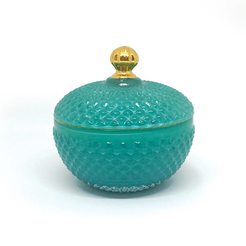 Geo cut glossy green yellow glass candle jars with lids