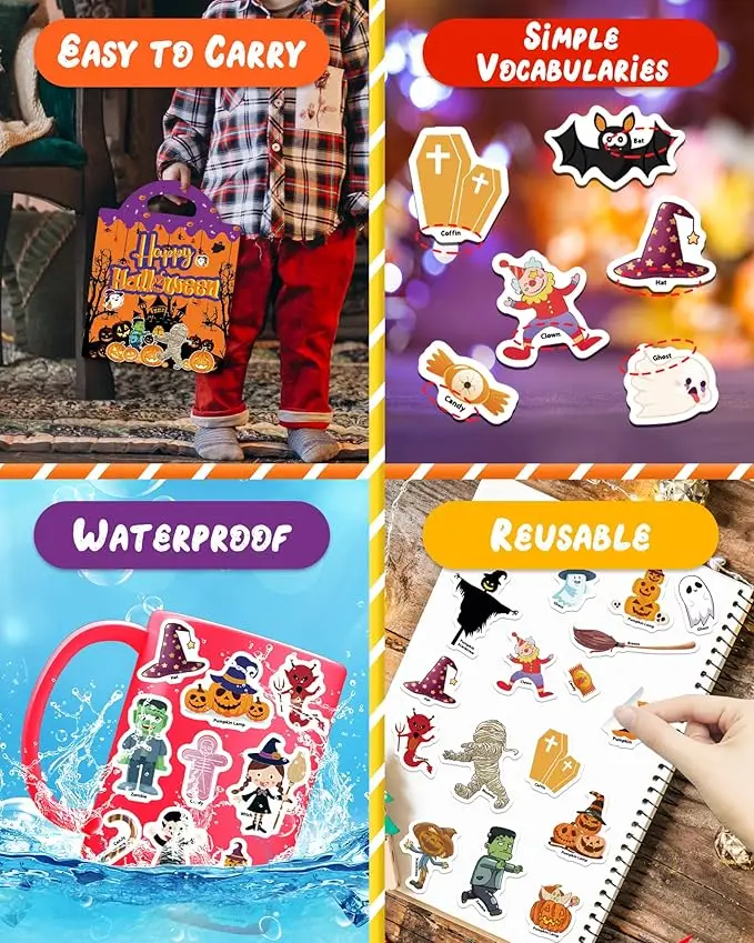 Halloween Reusable Sticker Book for 2-4 year olds,Travel Halloween Sticker Book for kids,Waterproof Sticker Book for 1-3,
