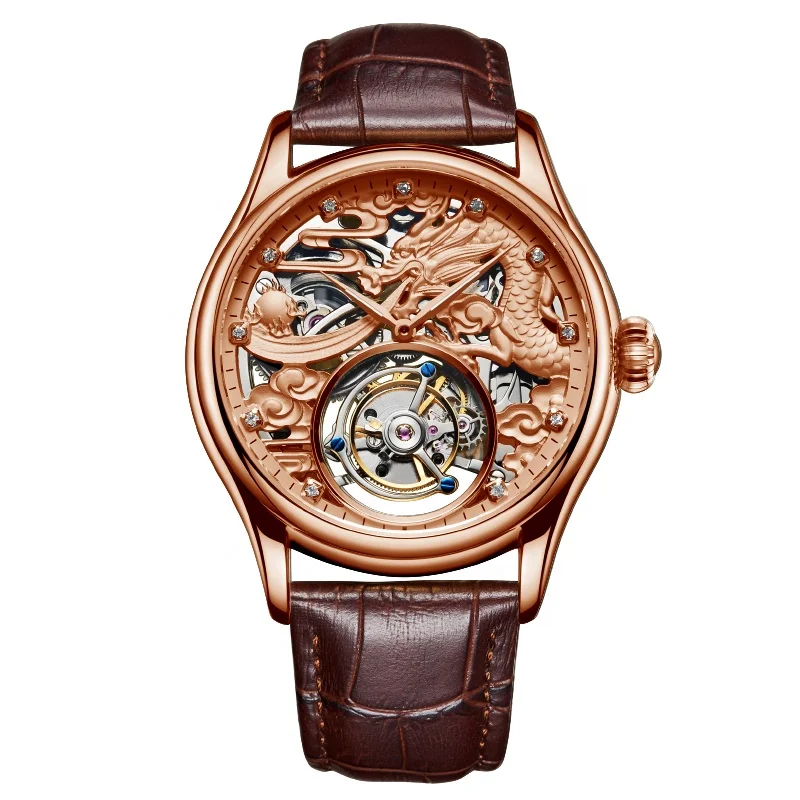 RTS Real Luxury Skeleton Flying Tourbillon Watches with Mechanical movement Wrist Watch Men 3D Dragon Gold Dial Watch