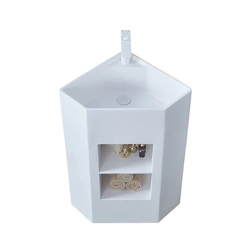 Modern Triangular Floor-Standing Two-Layer Storage Grid Pedestal Basin Sink Cabinet Small Apartment Bathroom Corner Wash Basin