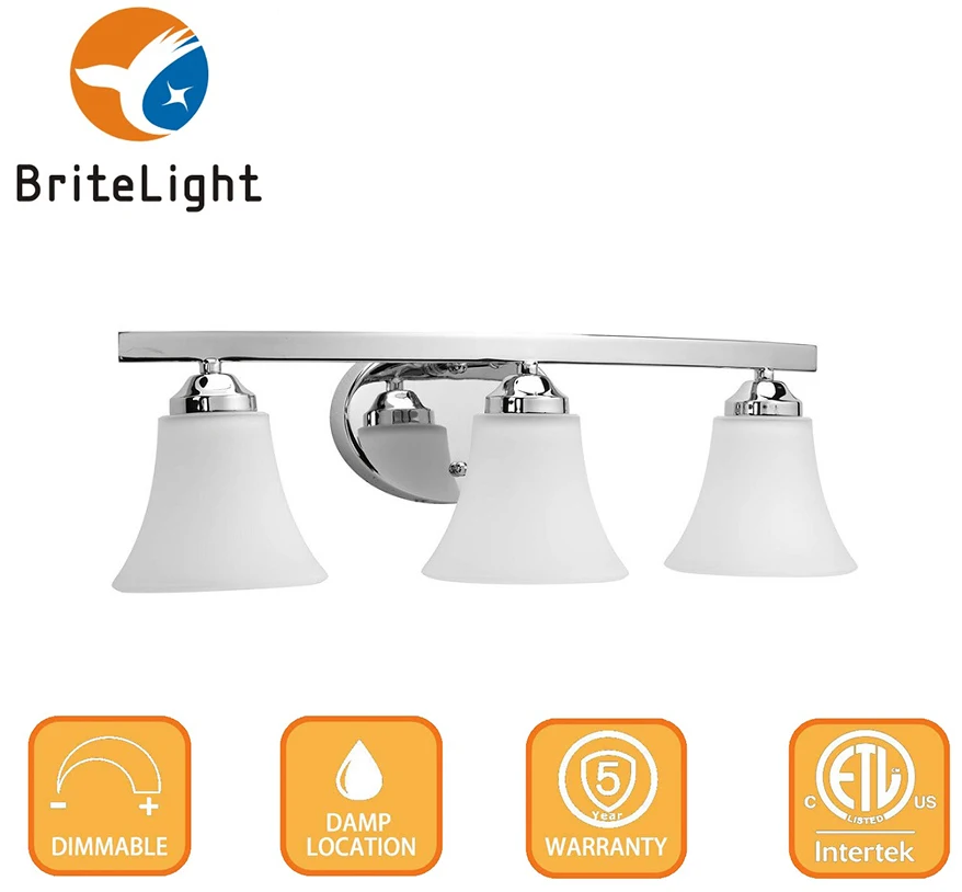 White glass mirror decor lighting fixture bathroom dressing table wall lamp 3 lights vanity Zhongshan factory made