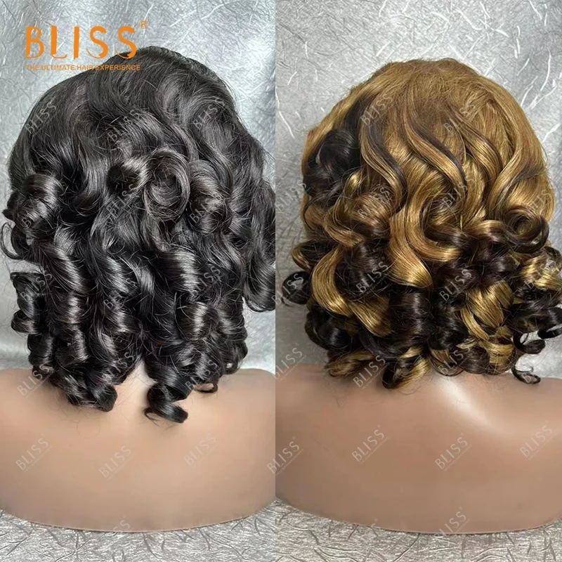 Bliss new Bouncy curly fumi double drawn 13x4 Lace Frontal burmese hair wigs Spring Curl 16inch Ear to Ear color Bob Wigs