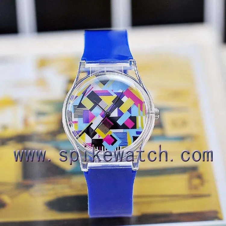 Lady vogue custom beautiful printing dial face transparent case plastic watch