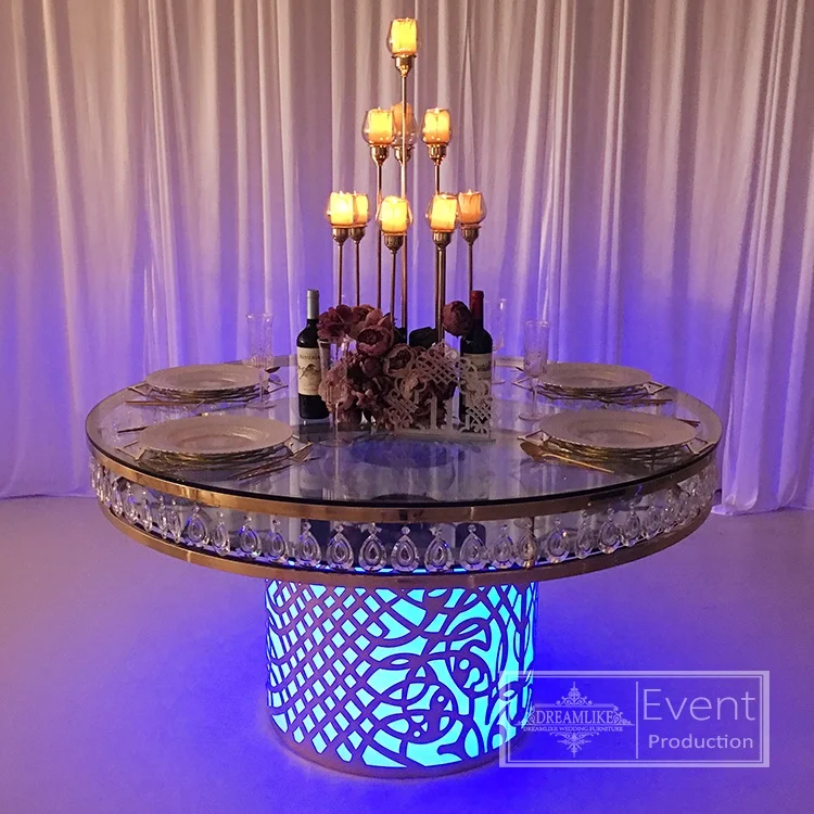 Высококачественный круглый обеденный стол из нержавеющей стали со стеклянной оправой и золотом, свадебный стол с прозрачными кристаллами