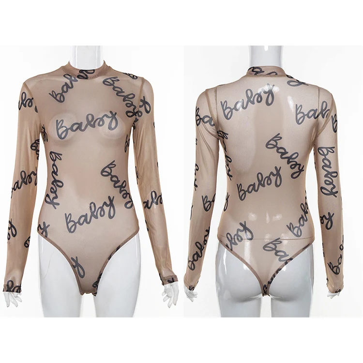 Sexy Women See-Through Blouses Long Sleeves Letter Printing Transparent Mesh Bodycon Crop Tops Shirt