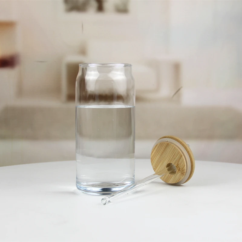 wholesale custom beer can shaped drinking glass coke glass cup with straw bamboo lid