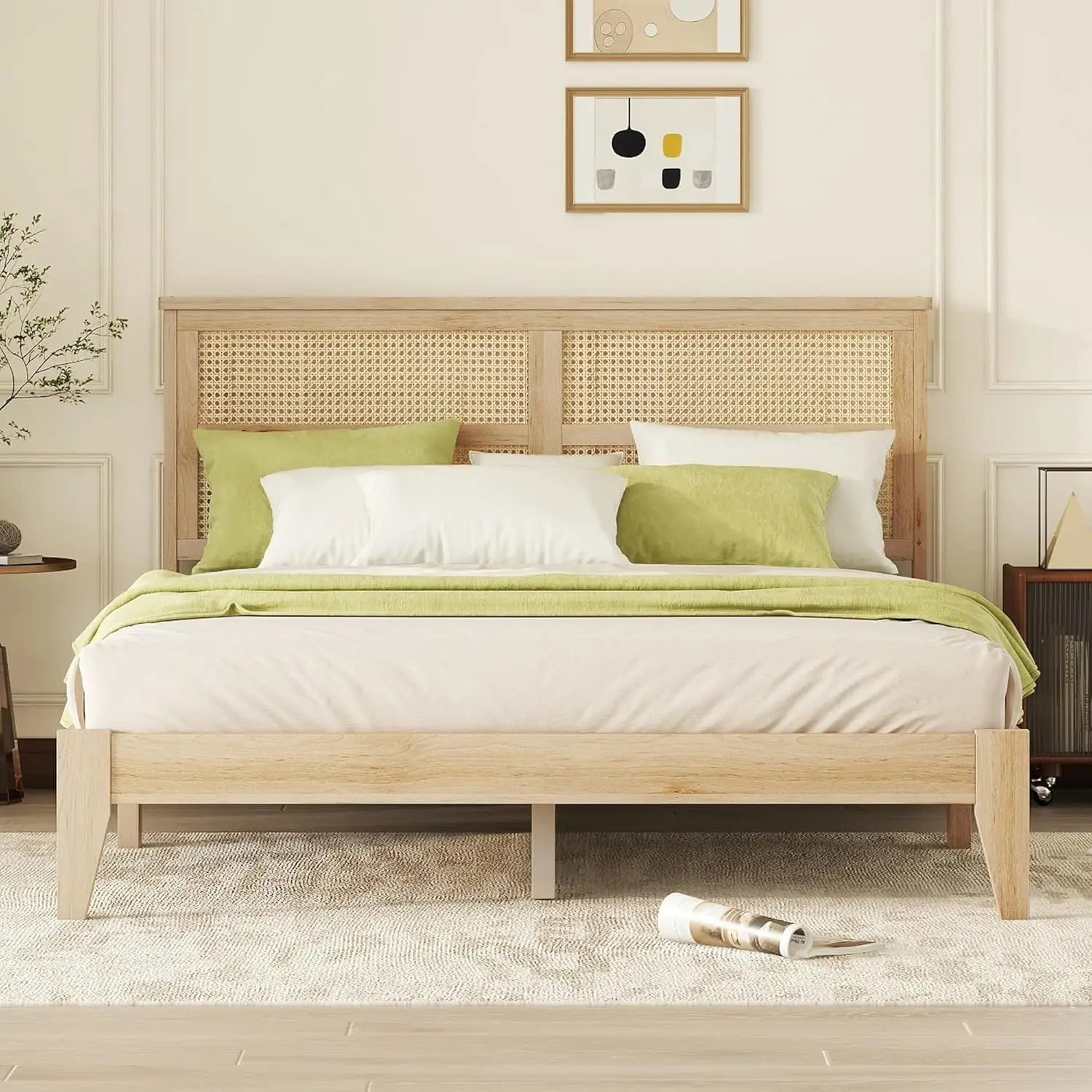 Queen Size Bed Frame with Rattan Headboard, Country Rustic Style Rubber Wood Platform Bed with Slat